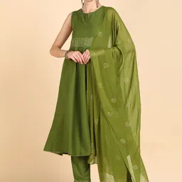 AHIKA Women Olive Green Printed Kurta with Trousers & With Dupatta-image-29