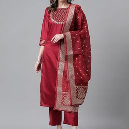 KAVINDI Embroidered Regular Sequinned Kurta with Trousers & Dupatta-image-20