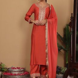 Varanga Yoke Design Zari Embroidered Sequinned Kurta with Trousers & Dupatta-picture-7