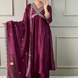 KALINI Floral Embroidered V-Neck Empire Style Kurta With Trouser And Dupatta-picture-34