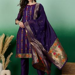 SERONA FABRICS Floral Woven Design Chanderi Cotton Straight Kurta & Trousers With Dupatta-image-52