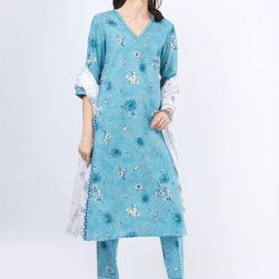 Vishudh Women Blue Floral Printed Pure Cotton Kurti with Trousers & With Dupatta-31