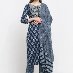 KALINI Women Navy Blue Ethnic Motifs Printed Pure Cotton Kurta with Trousers & Dupatta-25