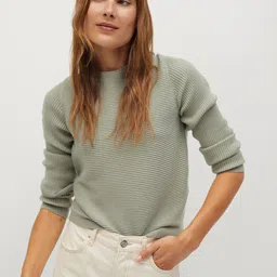 MANGO Women Green Ribbed Twisted Back Pullover-image-89