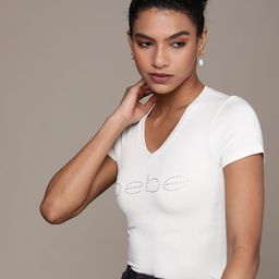 bebe Women Egret Essential Embellished V-Neck T-shirt-picture-8