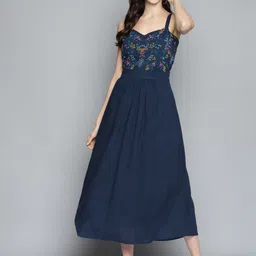 SCOUP Navy Blue & Peach-Coloured Ethnic Motifs Embroidered Detail A-Line Midi Dress-12