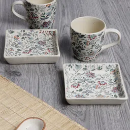Arrabi Cream-Coloured & Red 4 Pieces Printed Stoneware Matte Cups With Tray - 220 ML Each-45