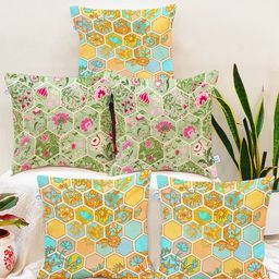 STITCHNEST Pack Of 5 Green Printed Green Square Cushion Covers-image-23