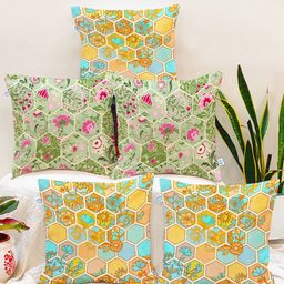 STITCHNEST Green & Yellow Set of 5 Ethnic Motifs Square Cushion Covers-16