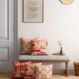 India Circus by Krsnaa Mehta Set Of 5 Red & Beige Printed Velvet Square Cushion Covers-11