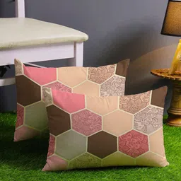STITCHNEST Peach-Coloured & Brown Set of 2 Geometric Rectangle Cushion Covers-0