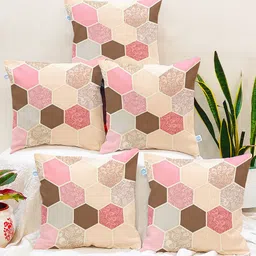 STITCHNEST Peach-Coloured & Pink Set of 5 Geometric Square Cushion Covers-25