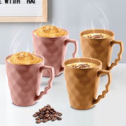 URBAN CHEF 4 Pieces Peach-Coloured & Mustard Yellow Textured Ceramic Matte Mugs-image-98