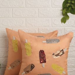 Alina decor Peach-Coloured & Yellow Set of 2 Embroidered Square Cushion Covers-45