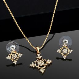 Estele Gold-Plated Studded Flower Design Pendant Necklace with Earrings-image-20
