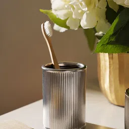 Pure Home and Living Silver-Toned Ribbed Porcelain Toothbrush Holder-image-0