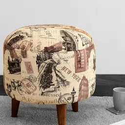 GLOBALLY INDIAN Off White & Camel Brown Printed Wooden Ottoman-11