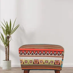 GLOBALLY INDIAN Red & White Printed Wooden & Velvet Rectangular Puff Ottoman-24