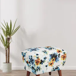 GLOBALLY INDIAN White Printed Wooden & Velvet Rectangular Puff Ottoman-56