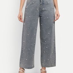 iki chic Women Blue Wide Leg High-Rise Heavy Fade Embellished Jeans-image-57