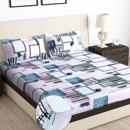 Story@home Arena Cream-Coloured & Purple 180 TC Fitted King Bedsheet & 2 Pillow Covers-image-19