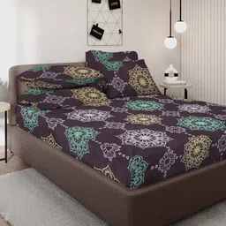 KLOTTHE Black Ethnic Motifs Printed 300TC Fitted Double King Bedsheet With 4 Pillow Cover-21