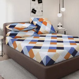 KLOTTHE Blue Geometric Printed 300 TC Fitted Double King Bedsheet With 4 Pillow Cover-image-39