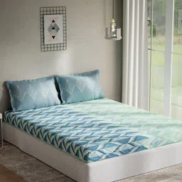 DDecor Blue & Sea Green Geometric 144 TC Cotton 1 Extra Large Bedsheet with 2 Pillow Covers-image-98
