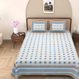 Jinaya's Beige & Blue Floral Cotton 300 TC Queen Bedsheet with 2 Pillow Covers-image-34