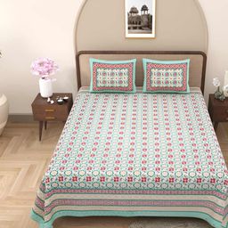Jinaya's White & Green Floral Cotton 300 TC Queen Bedsheet with 2 Pillow Covers-image-35