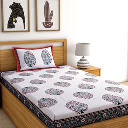 Rajasthan Decor White & Green Printed 144 TC Cotton 1 Single Bedsheet with 1 Pillow Cover-image-98