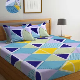 Arrabi Blue & Navy Blue Geometric 300 TC King Bedsheet with 2 Pillow Covers-picture-29