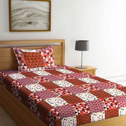 Arrabi Brown Geometric 300 TC Single Cotton Fitted Bedsheet with 1 Pillow Covers-image-69