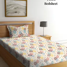 Arrabi Cream-Coloured & Red Geometric 300 TC Single Bedsheet with Pillow Cover-6