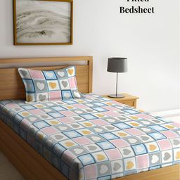 Arrabi Blue & White Geometric 300 TC Single Fitted Bedsheet With 1 Pillow Cover-picture-4