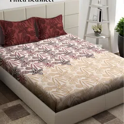 Arrabi Cream-Coloured & Red Floral 300 TC King Bedsheet with 2 Pillow Covers-19