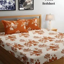 Arrabi Beige & Rust Floral 300 TC Fitted King Bedsheet with 2 Pillow Covers-42