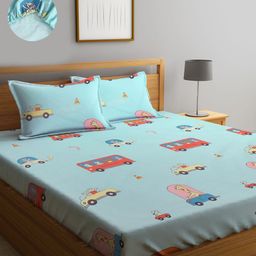 KLOTTHE Blue & Red Printed 300 TC Fitted Double King Bedsheet with 2 Pillow Covers-12