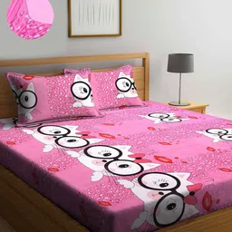 KLOTTHE Unisex Cartoon Characters Pink 300 TC Fitted Double Bedsheet with 2 Pillow covers-53