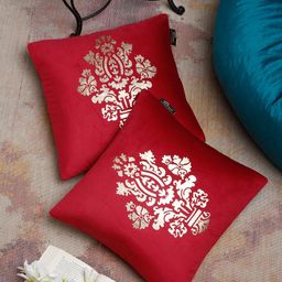 HOSTA HOMES Maroon & Gold Set of 2 Floral Velvet Square Cushion Covers-22