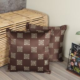 MFD HOME FURNISHING Coffee Brown & Gold-Toned Set of 2 Square Cushion Covers-58