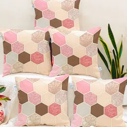 STITCHNEST Peach-Coloured & Brown Set of 5 Geometric Square Cushion Covers-7