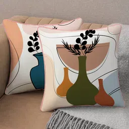 STITCHNEST White & Olive Green Set of 2 Printed Velvet Square Cushion Covers-image-7
