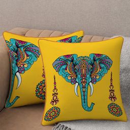 STITCHNEST Yellow & Blue Set of 2 Ethnic Motifs Velvet Square Cushion Covers-image-44