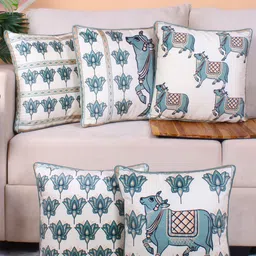 STITCHNEST Green & White 5 Pieces Ethnic Motifs Printed Velvet Square Cushion Covers-35