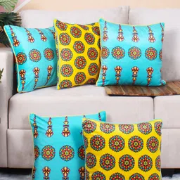 STITCHNEST 5 Pcs Yellow & Blue Set of 5 Ethnic Motifs Velvet Square Cushion Covers-10