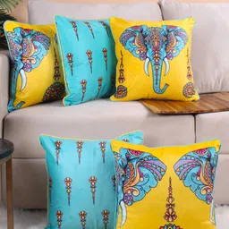 STITCHNEST Yellow & Blue 5 Pieces Ethnic Motifs Printed Velvet Square Cushion Covers-image-46