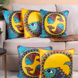 STITCHNEST Yellow & Blue 5 Pieces Ethnic Motifs Printed Velvet Square Cushion Covers-image-10