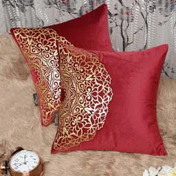 HOSTA HOMES Red & Gold-Toned Set of 2 Ethnic Motifs Velvet Square Cushion Covers-9