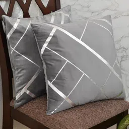Clasiko Grey & Silver-Toned Set of 2 Geometric Velvet Square Cushion Covers-image-76